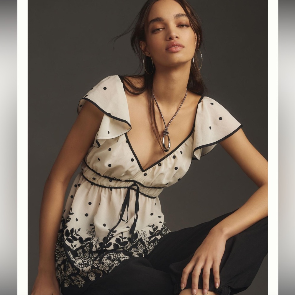 NWT- Anthropologie By Anthropologie Short-Sleeve Tie-Back Shirred Blouse